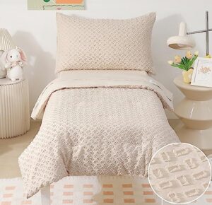 cozyholy 4 pieces boho tufted toddler bedding set for girls boys beige soft jacquard embroidery bed sheets set comforter set for baby kids | include comforter, flat sheet, fitted sheet, pillowcase