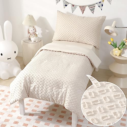 4-Piece Boho Tufted Toddler Bedding Set for Girls Boys Beige Jacquard Tufts Embroidery Bohemian Comforter Set for Kids Bed-in-a-Bag Bed Sheet Set with Comforter, Flat Sheet, Fitted Sheet, Pillowcase