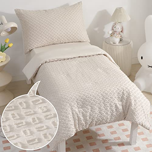 4-Piece Boho Tufted Toddler Bedding Set for Girls Boys Beige Jacquard Tufts Embroidery Bohemian Comforter Set for Kids Bed-in-a-Bag Bed Sheet Set with Comforter, Flat Sheet, Fitted Sheet, Pillowcase