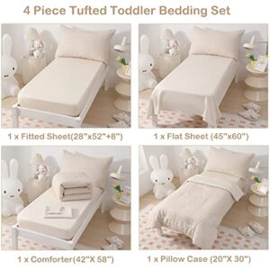 4-Piece Boho Tufted Toddler Bedding Set for Girls Boys Beige Jacquard Tufts Embroidery Bohemian Comforter Set for Kids Bed-in-a-Bag Bed Sheet Set with Comforter, Flat Sheet, Fitted Sheet, Pillowcase