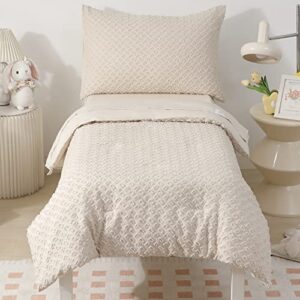 4-Piece Boho Tufted Toddler Bedding Set for Girls Boys Beige Jacquard Tufts Embroidery Bohemian Comforter Set for Kids Bed-in-a-Bag Bed Sheet Set with Comforter, Flat Sheet, Fitted Sheet, Pillowcase