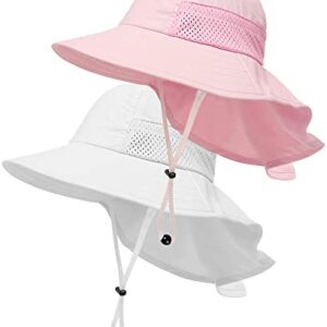 2-Pack Toddler Baby Sun Hat Summer UPF 50+ Protection for Boys Girls Kids Adjustable Beach Hats with Bucket Wide Brim Age 1-7 Years Outdoor(Medium,Pink + White)