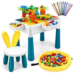 rogalaly kids activity table set, all-in-one multi activity table with storage, 105pcs building blocks table compatible with classic bricks, craft learn play water sand table for boys girls