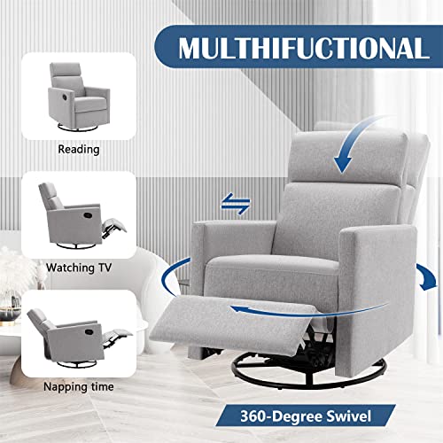 i-POOK Swivel Recliner Chair, Modern Plush Upholstered Rocker Nursery Chair with Adjustable Backrest and Retractable Footrest 360 Degree Swivel Glider Chair Accent Chair for Living Room Bedroom, Gray