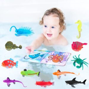 Color Changing Mold Free Bath Toys for Toddlers Kids, Color Change Sea Creatures Ocean Animal Toys & Glow in The Dark Toy with Bath Book(13 Pack), Water Table Toys Rubber Fish Toys for Kids Bathtub