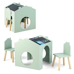 costzon kids table and chair set, 3 pieces wooden table set for toddler w/chalkboards for arts, crafts, reading, drawing, house-shaped space-saving children furniture set, gift for boys girls, green