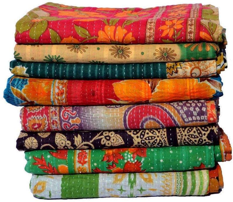 Varprada- 1 Piece Handmade Indian Vintage Kantha Quilts for Sale Throws Bedsheet Reversable Bohemian Home Décor Blanket –Assorted Color Twin Size 85x55 inches