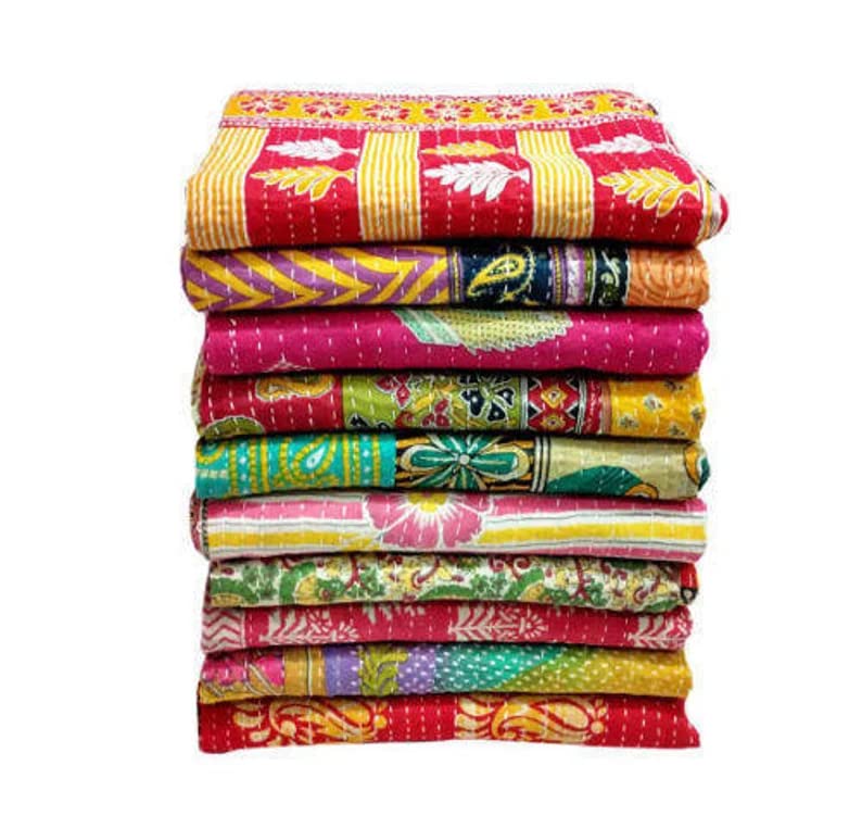 Varprada- 1 Piece Handmade Indian Vintage Kantha Quilts for Sale Throws Bedsheet Reversable Bohemian Home Décor Blanket –Assorted Color Twin Size 85x55 inches