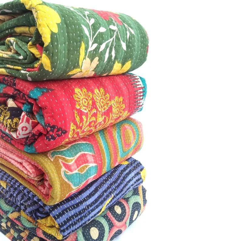 Varprada- 1 Piece Handmade Indian Vintage Kantha Quilts for Sale Throws Bedsheet Reversable Bohemian Home Décor Blanket –Assorted Color Twin Size 85x55 inches