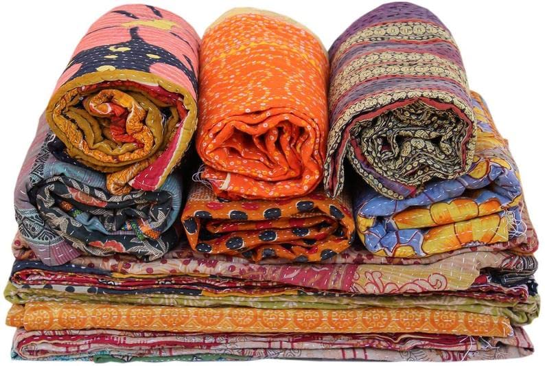 Varprada- 1 Piece Handmade Indian Vintage Kantha Quilts for Sale Throws Bedsheet Reversable Bohemian Home Décor Blanket –Assorted Color Twin Size 85x55 inches