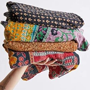 Varprada- 1 Piece Handmade Indian Vintage Kantha Quilts for Sale Throws Bedsheet Reversable Bohemian Home Décor Blanket –Assorted Color Twin Size 85x55 inches