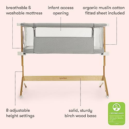 Newton Baby Bassinet & Bedside Sleeper with Mattress & Sheet - 100% Breathable & Washable, Removable Dual-Layer Cover | Solid Birch Frame Adjustable Height & Infant Access Opening | Bedside Bassinet