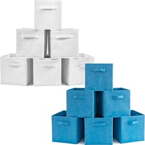 ezoware set of 12 foldable basket bin collapsible storage cube for nursery, kids toys organizer, shelf cabinet - (white + niagara blue)