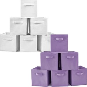 EZOWare Set of 12 Foldable Basket Bin Collapsible Storage Cube For Nursery, Kids Toys Organizer, Shelf Cabinet - (White + Purple)