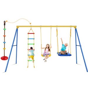 swing sets for backyard, 4 in 1 swing sets with heavy-duty a-frame metal 550lbs outdoor swing stand,1 swing seat,1 nest swing seat,1 climb ladder,1 rope ladder for backyard and playground