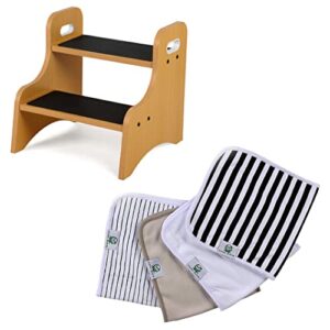wooden step stool for kids, toddler 2 step stool + organic burp cloths 4 pack large 21''x10'' premium