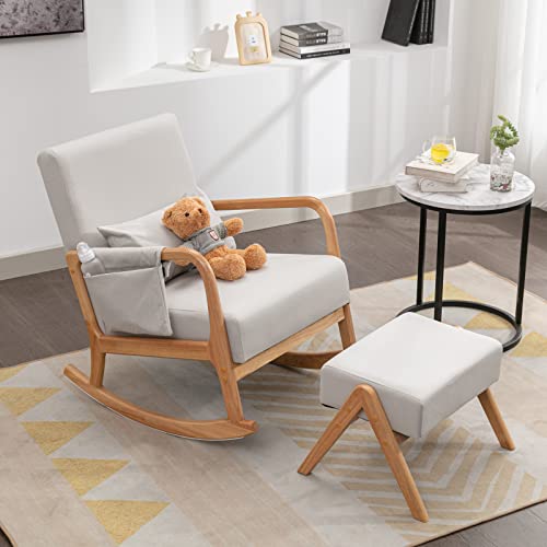 Nursery Rocking Chairs Glider Chair for Nursery, Rocker Chair with Ottoman Set, Modern Living Room Chair Nursing Comfy Chairs for Mom, Gift, Side Pocket, Lumbar Pillow, Leathaire, Light Gray