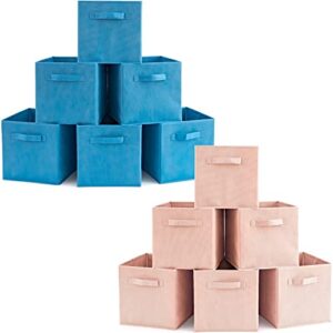 ezoware set of 12 foldable basket bin collapsible storage cube for nursery, kids toys organizer, shelf cabinet - (pale dogwood + niagara blue)