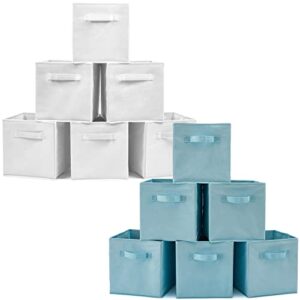 ezoware set of 12 foldable basket bin collapsible storage cube for nursery, kids toys organizer, shelf cabinet - (white + light blue)
