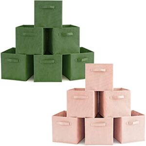 ezoware set of 12 foldable basket bin collapsible storage cube for nursery, kids toys organizer, shelf cabinet - (pale dogwood + kale green)