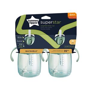 Tommee Tippee Superstar Weighted Straw Cup for Toddlers, 6m+, 10oz, 2 Pack Leak and Shake-Proof, Antimicrobial Technology, Green