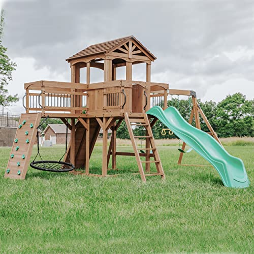 Backyard Discovery Sterling Point All Cedar Wooden Swing Set, Raised Clubhouse,Web Swing, Climbing Wall, 10ft Wave Slide, 2 Belt Swings, Front Porch, Bridge