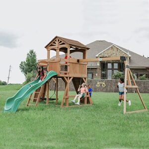 Backyard Discovery Sterling Point All Cedar Wooden Swing Set, Raised Clubhouse,Web Swing, Climbing Wall, 10ft Wave Slide, 2 Belt Swings, Front Porch, Bridge