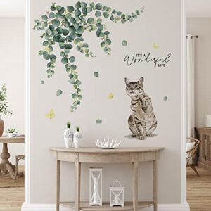 yovkky cat wall decals stickers, eucalyptus leaves kitty kitten greenery neutral nursery decor, it's a wonderful life quote spring kids room home decorations bedroom art