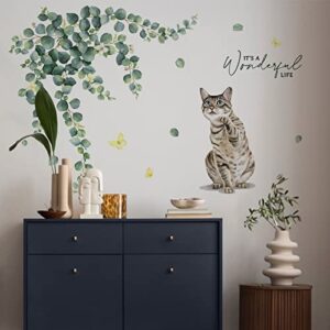 Yovkky Cat Wall Decals Stickers, Eucalyptus Leaves Kitty Kitten Greenery Neutral Nursery Decor, It's a Wonderful Life Quote Spring Kids Room Home Decorations Bedroom Art