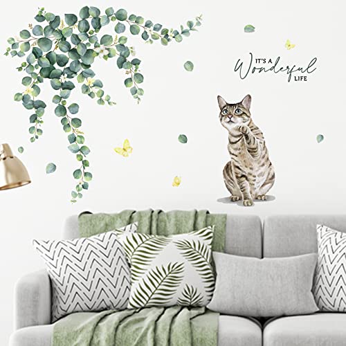 Yovkky Cat Wall Decals Stickers, Eucalyptus Leaves Kitty Kitten Greenery Neutral Nursery Decor, It's a Wonderful Life Quote Spring Kids Room Home Decorations Bedroom Art