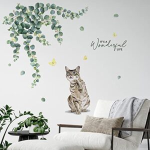 Yovkky Cat Wall Decals Stickers, Eucalyptus Leaves Kitty Kitten Greenery Neutral Nursery Decor, It's a Wonderful Life Quote Spring Kids Room Home Decorations Bedroom Art