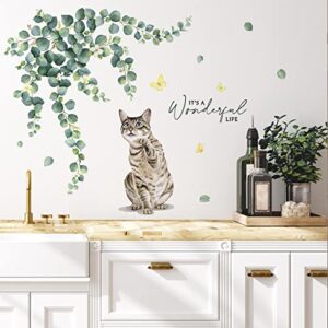 Yovkky Cat Wall Decals Stickers, Eucalyptus Leaves Kitty Kitten Greenery Neutral Nursery Decor, It's a Wonderful Life Quote Spring Kids Room Home Decorations Bedroom Art