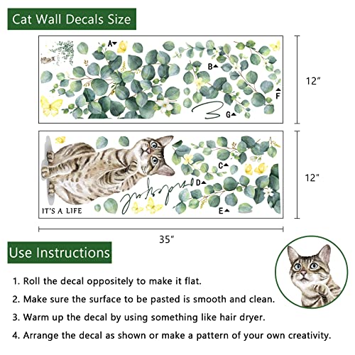 Yovkky Cat Wall Decals Stickers, Eucalyptus Leaves Kitty Kitten Greenery Neutral Nursery Decor, It's a Wonderful Life Quote Spring Kids Room Home Decorations Bedroom Art