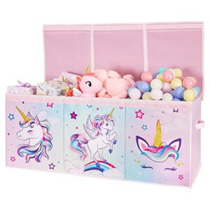 unicorn toy box chest – large toy chest organizer with flip-top lid collapsible sturdy storage bin with handles 38 x 13 x 16 inch for kids girls pink closet nursery living room bedroom playroom