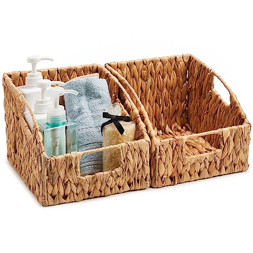 EZOWare Woven Open Front Storage Baskets, Natural Water Hyacinth Wicker Storage Trapezoid Organizer Bin Boxes with Handles for Closet Toys Clothes Kids Room Nursery, Empty Decorative Gift - Set of 2