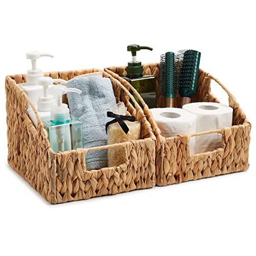 EZOWare Woven Open Front Storage Baskets, Natural Water Hyacinth Wicker Storage Trapezoid Organizer Bin Boxes with Handles for Closet Toys Clothes Kids Room Nursery, Empty Decorative Gift - Set of 2