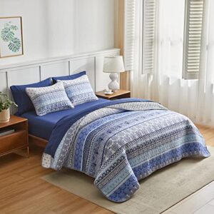 flysheep blue boho quilt set 5 pcs bed in a bag, colorful bohemian striped twin size coverlet bedspread (1 reversible quilt 68x86, 1 pillow sham, 1 flat sheet, 1 fitted sheet, 1 pillowcase)