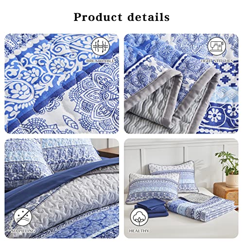 FlySheep Blue Boho Quilt Set 5 Pcs Bed in a Bag, Colorful Bohemian Striped Twin Size Coverlet Bedspread (1 Reversible Quilt 68x86, 1 Pillow Sham, 1 Flat Sheet, 1 Fitted Sheet, 1 Pillowcase)