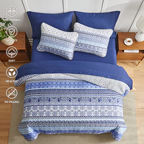 FlySheep Blue Boho Quilt Set 5 Pcs Bed in a Bag, Colorful Bohemian Striped Twin Size Coverlet Bedspread (1 Reversible Quilt 68x86, 1 Pillow Sham, 1 Flat Sheet, 1 Fitted Sheet, 1 Pillowcase)