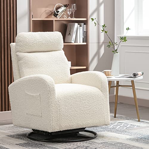 Deolme 360 Swivel Accent Glider Rocking Chair, Comfy Tufted Upholstered Glider Rocker for Nursery, Modern Armchair with Tall Back and Side Pocket for Living Room, Bedroom (White Teddy)