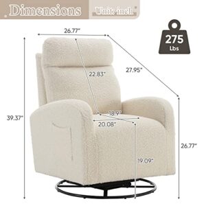 Deolme 360 Swivel Accent Glider Rocking Chair, Comfy Tufted Upholstered Glider Rocker for Nursery, Modern Armchair with Tall Back and Side Pocket for Living Room, Bedroom (White Teddy)