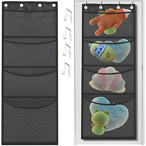 Stuffed Animal Storage, Over The Door Organizer Storage for Filling Stuff Toys, Stuffed Animals Holder with 5 Pockets, Foldable Hanging Storage Holder Storage Bag with 4 Compartments