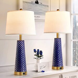 modern table lamps for living room set of 2, 28" blue ceramic bedside lamp with triangle textured pattern, 3 way dimmable touch control nightstand bedroom lamp with linen drum shade (bulbs included)