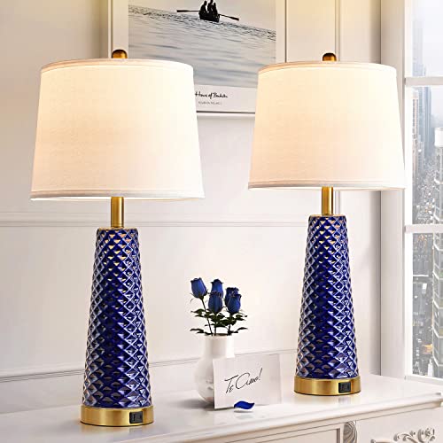 Modern Table Lamps for Living Room Set of 2, 28" Blue Ceramic Bedside Lamp with Triangle Textured Pattern, 3 Way Dimmable Touch Control Nightstand Bedroom Lamp with Linen Drum Shade (Bulbs Included)