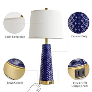 Modern Table Lamps for Living Room Set of 2, 28" Blue Ceramic Bedside Lamp with Triangle Textured Pattern, 3 Way Dimmable Touch Control Nightstand Bedroom Lamp with Linen Drum Shade (Bulbs Included)