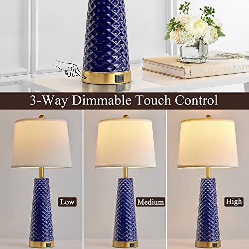 Modern Table Lamps for Living Room Set of 2, 28" Blue Ceramic Bedside Lamp with Triangle Textured Pattern, 3 Way Dimmable Touch Control Nightstand Bedroom Lamp with Linen Drum Shade (Bulbs Included)