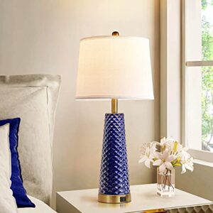 Modern Table Lamps for Living Room Set of 2, 28" Blue Ceramic Bedside Lamp with Triangle Textured Pattern, 3 Way Dimmable Touch Control Nightstand Bedroom Lamp with Linen Drum Shade (Bulbs Included)