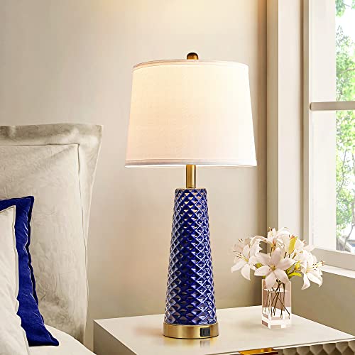 Modern Table Lamps for Living Room Set of 2, 28" Blue Ceramic Bedside Lamp with Triangle Textured Pattern, 3 Way Dimmable Touch Control Nightstand Bedroom Lamp with Linen Drum Shade (Bulbs Included)