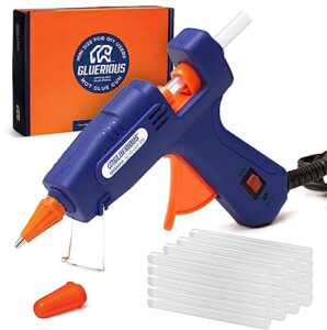 gluerious mini hot glue gun with 30 glue sticks for crafts school diy arts home quick repairs, 20w, blue (with finger tips)