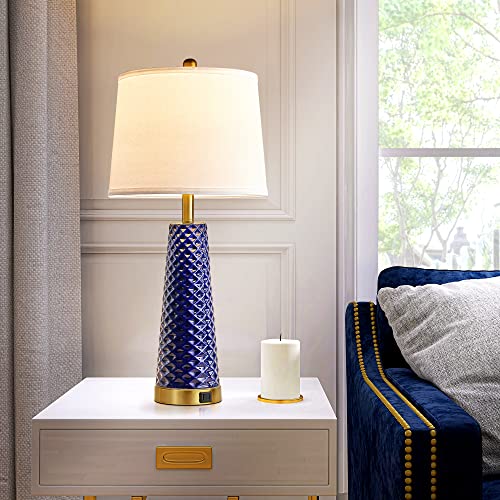 Modern Table Lamps for Living Room Set of 2, 28" Blue Ceramic Bedside Lamp with Triangle Textured Pattern, 3 Way Dimmable Touch Control Nightstand Bedroom Lamp with Linen Drum Shade (Bulbs Included)